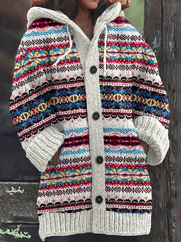 Women's Vintage Print Knitted Hooded Cardigan