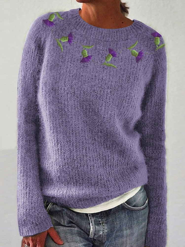 Thistle Embroidery Cozy Knit Sweater