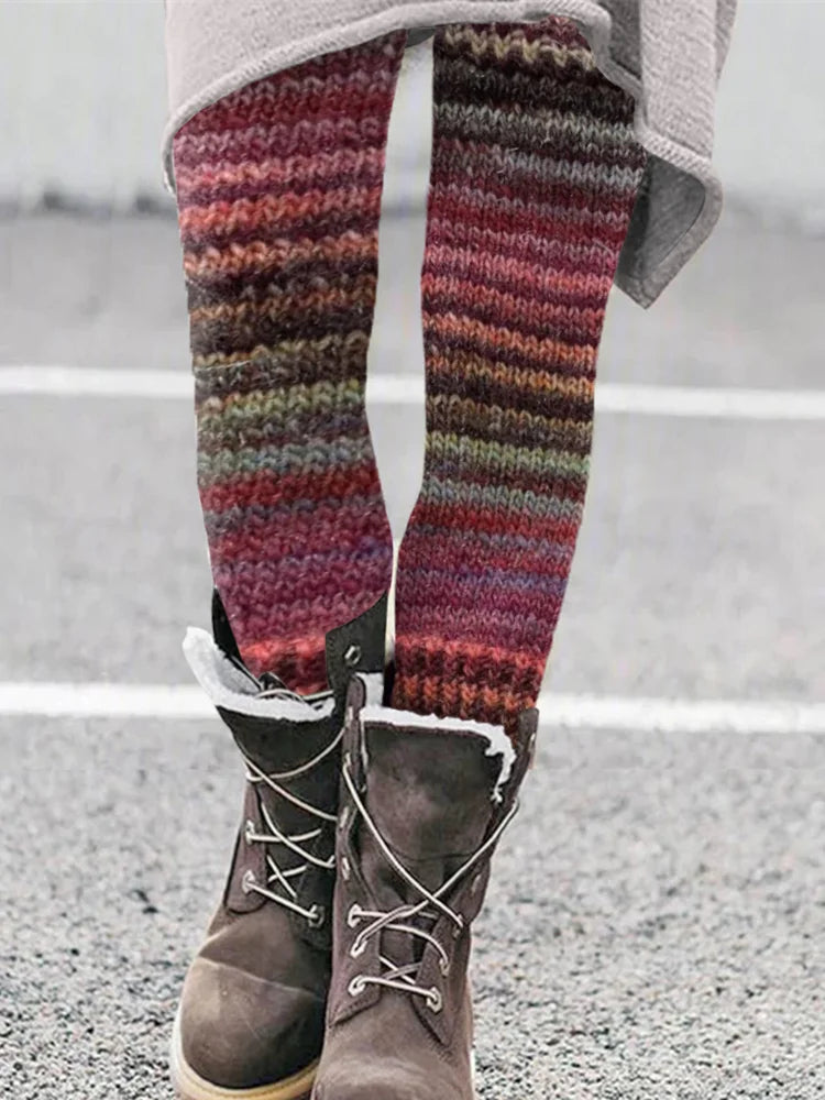 Vintage Colorblock Patchwork Multicolored Cozy Knit Leggings