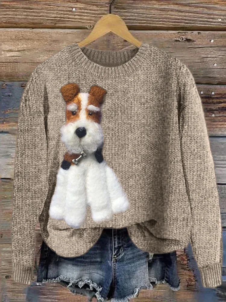 Fuzzy Dog Felt Art Cozy Knit Sweater