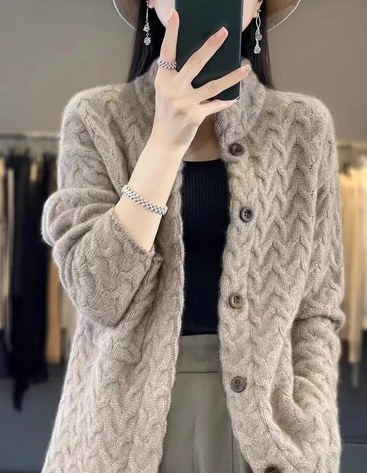 Women's Solid Color Jacquard Long Sleeve Cardigan