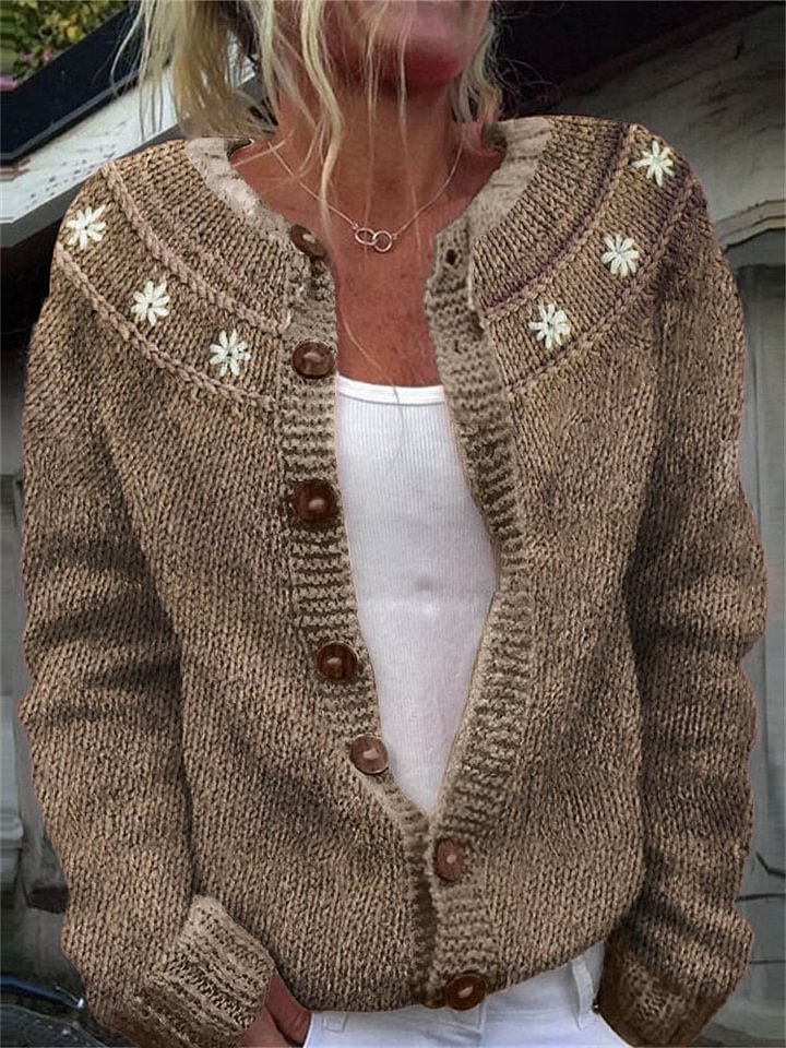 Classy Daisies Yoke Crochet Cozy Knit Cardigan