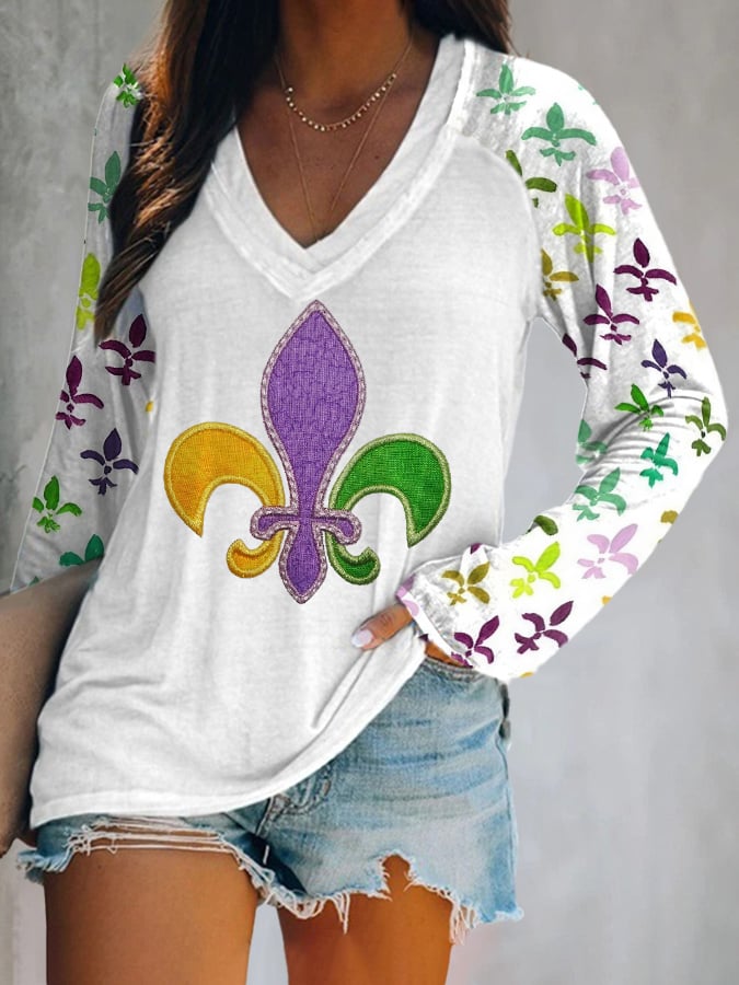 Women's Vintage Mardi Gras Print V Neck T-Shirt