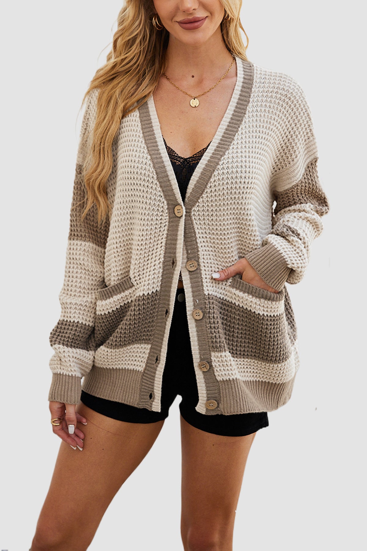 Women's Color block  Long Sleeve Cardigan