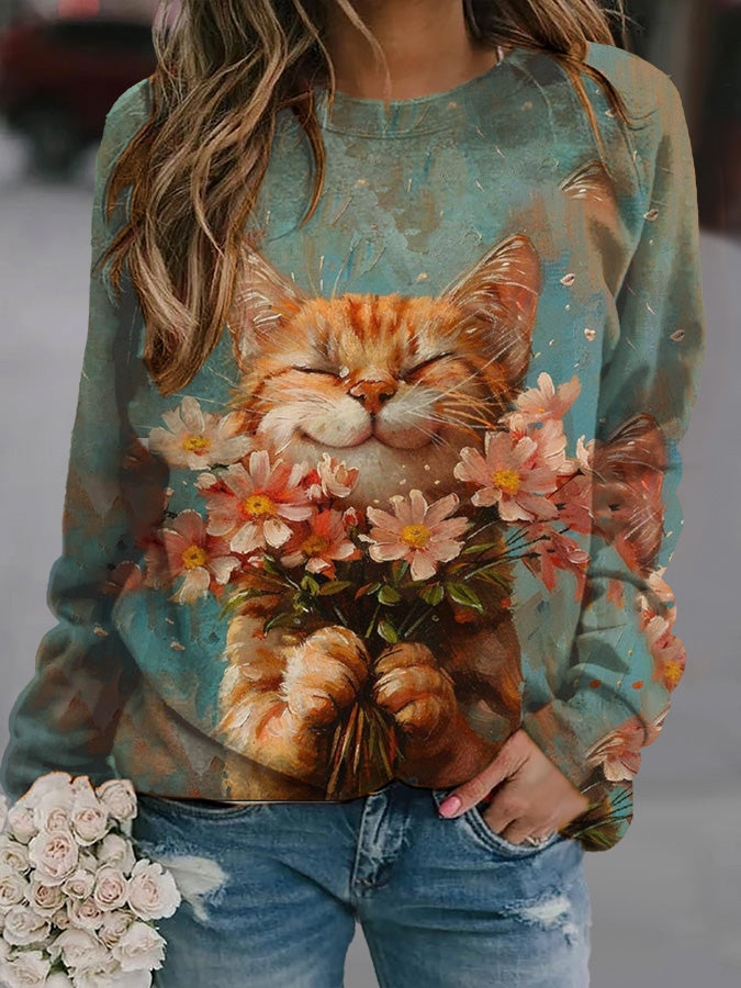 Women's Cat Print Casual Round Neck Sweatshirt