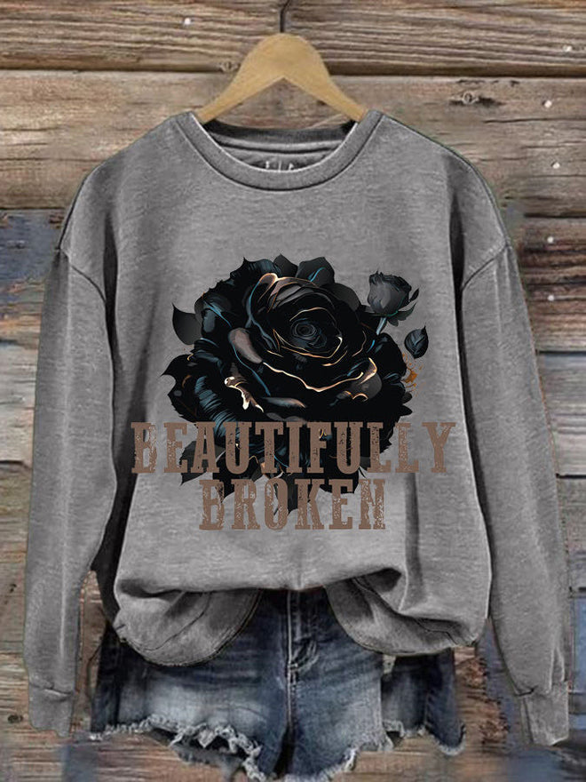 Women's Country Rose Print Crew Neck Sweatshirt