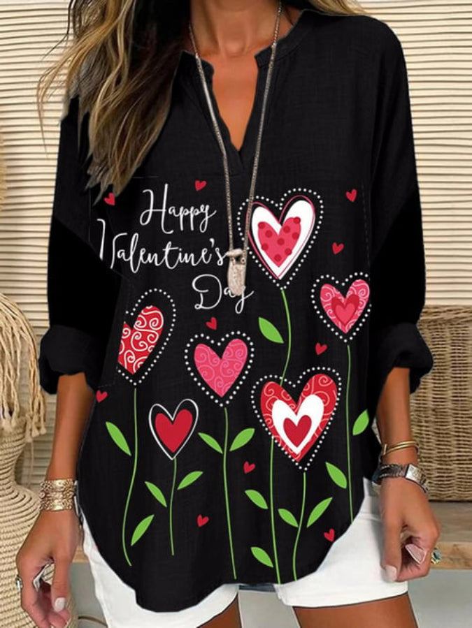 Women's Love Print Casual Long Sleeve V-Neck Shirt