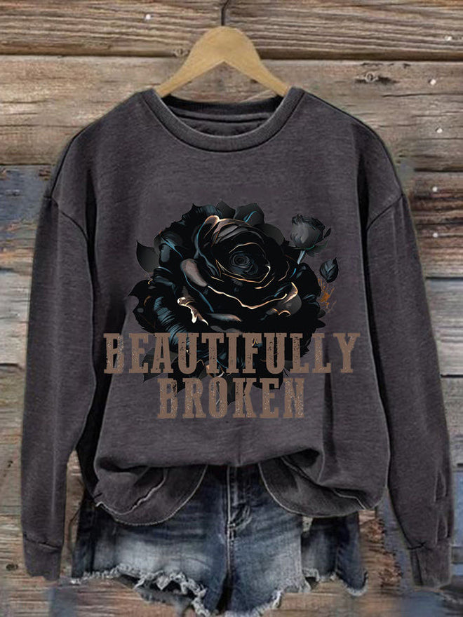 Women's Country Rose Print Crew Neck Sweatshirt