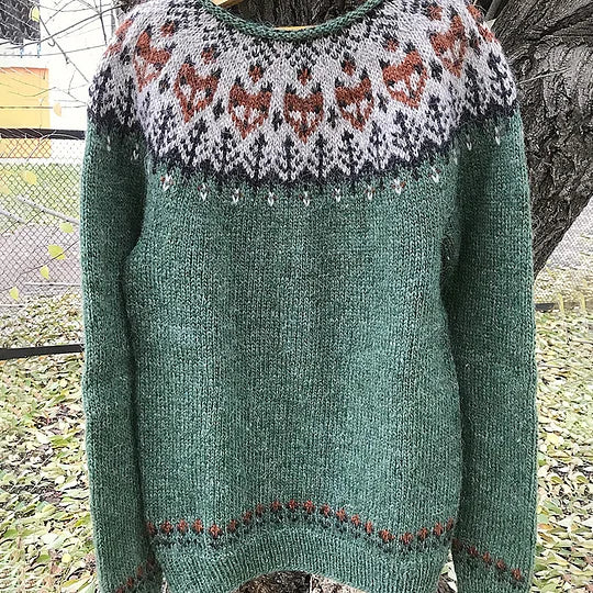 Vintage Fox Head Print Crew Neck Sweater