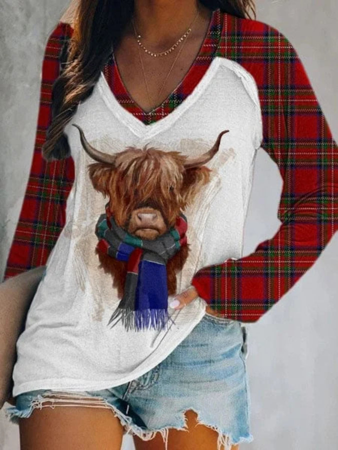 Women's Plaid Highland Cow Print Casual V-Neck Long Sleeve T-Shirt