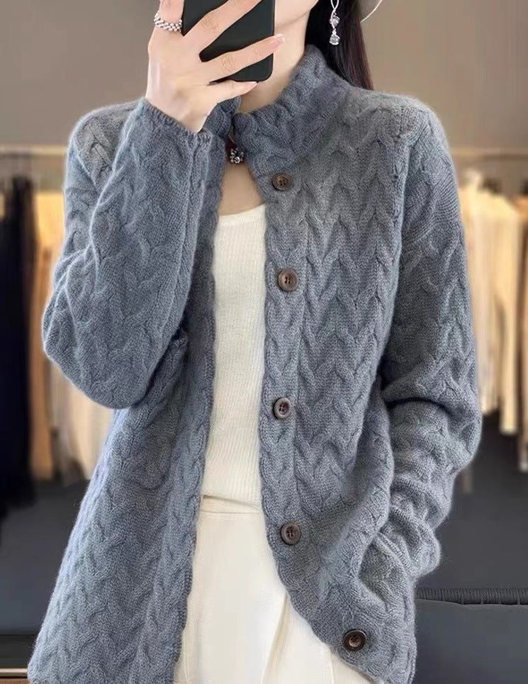 Women's Solid Color Jacquard Long Sleeve Cardigan