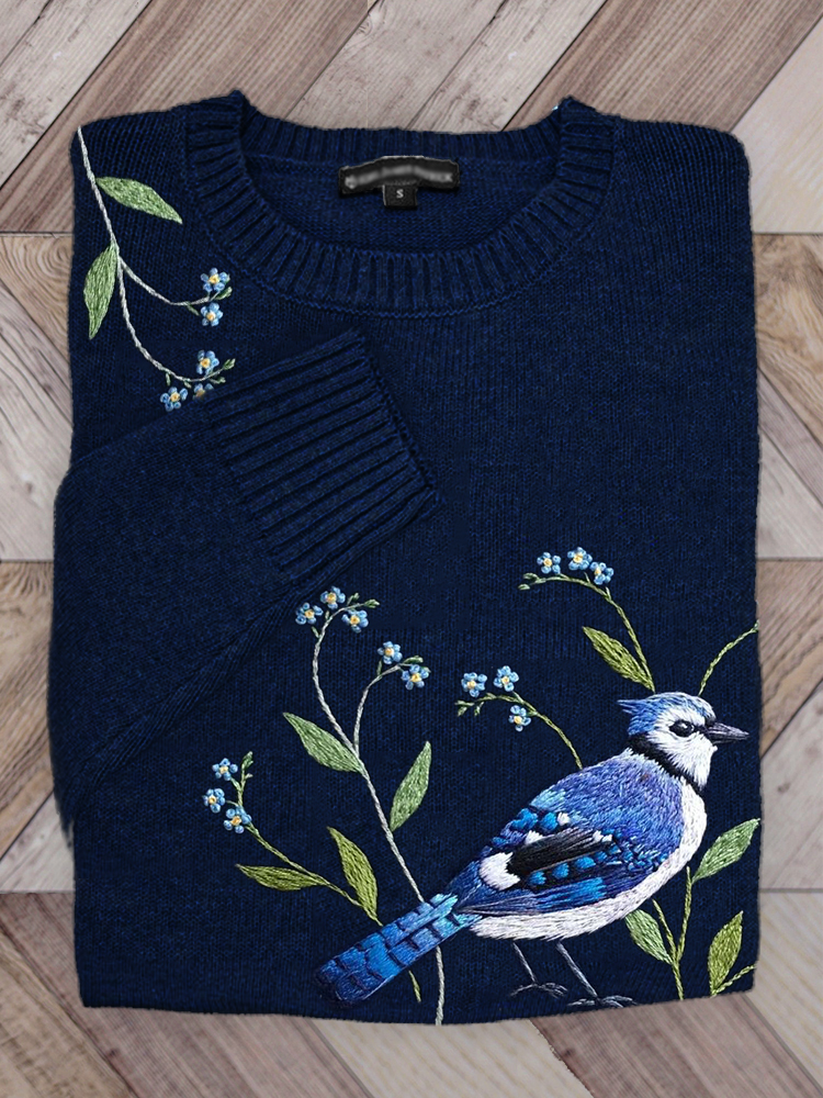 Women's Print Vintage Scotland Thistle Embroidery Cozy Blue Knit Sweater