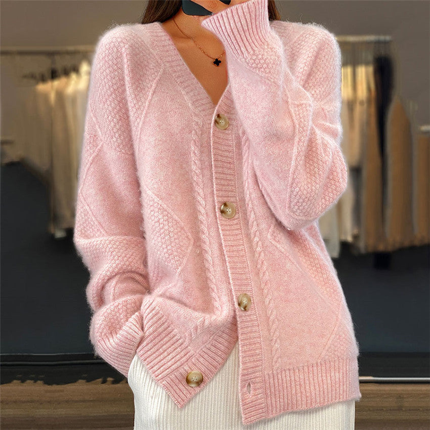 Women's Solid Color Jacquard Long Sleeve Cardigan