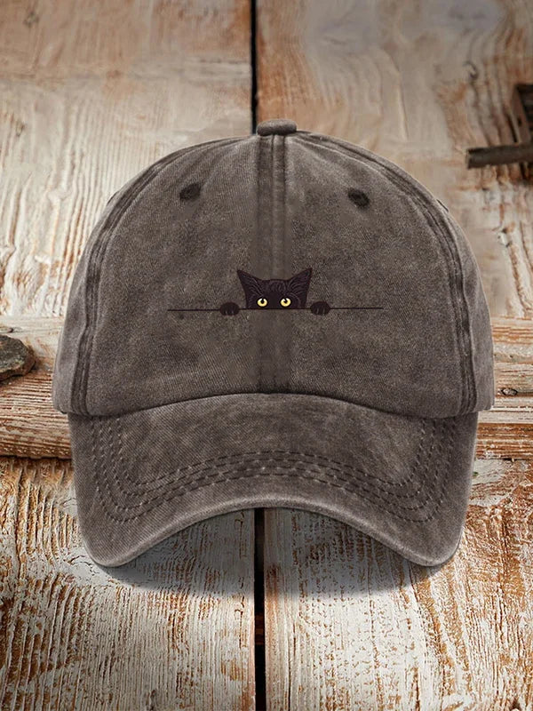 Japanese Art Black Cat Print Washed Hat