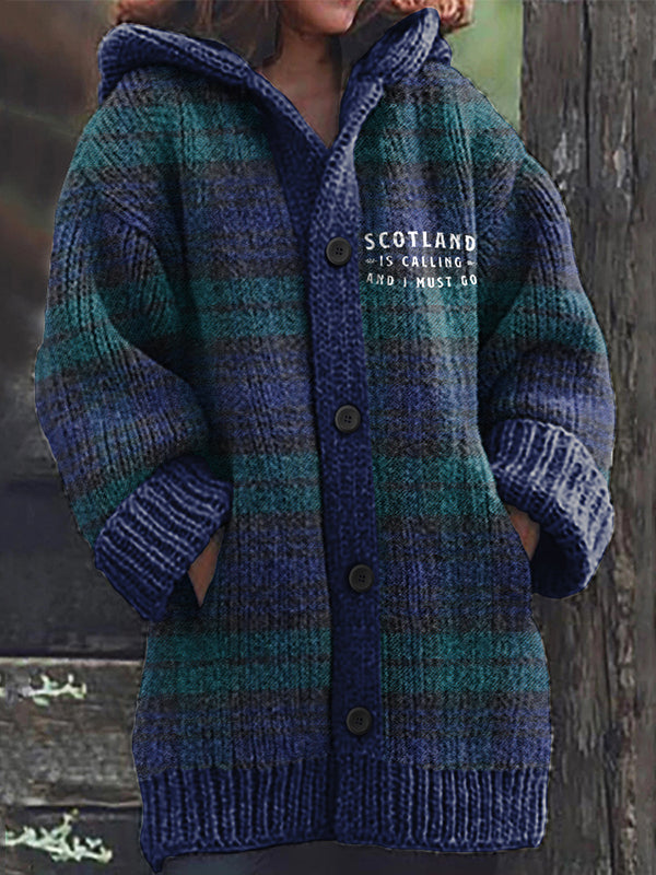 Scotland Is Calling And I Must Go Plaid Knit Hooded Cardigan