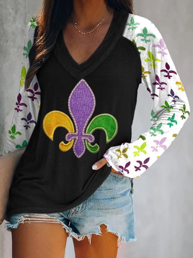 Women's Vintage Mardi Gras Print V Neck T-Shirt