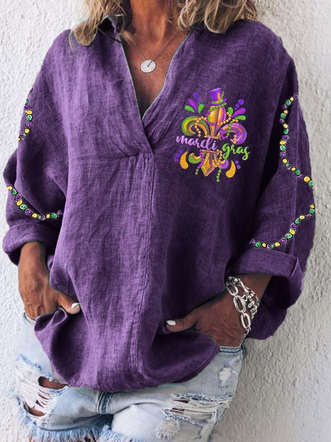 Women's Casual Mardi Gras V Neck Top