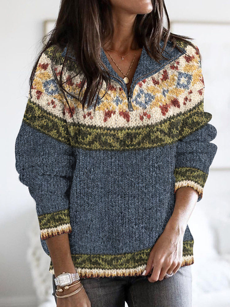 Retro Geometric Knitted Button Down Ziper Cozy Sweater