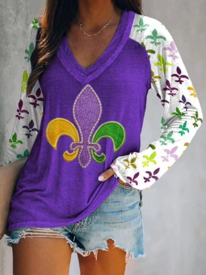 Women's Vintage Mardi Gras Print V Neck T-Shirt