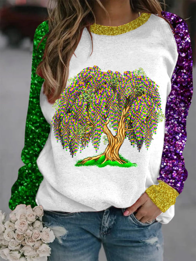 Women's Mardi Gras Bead Tree Print Casual Sweatshirt