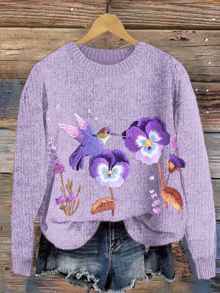 Women's Hummingbird & Purple Floral Hand Embroidered Cozy Sweater