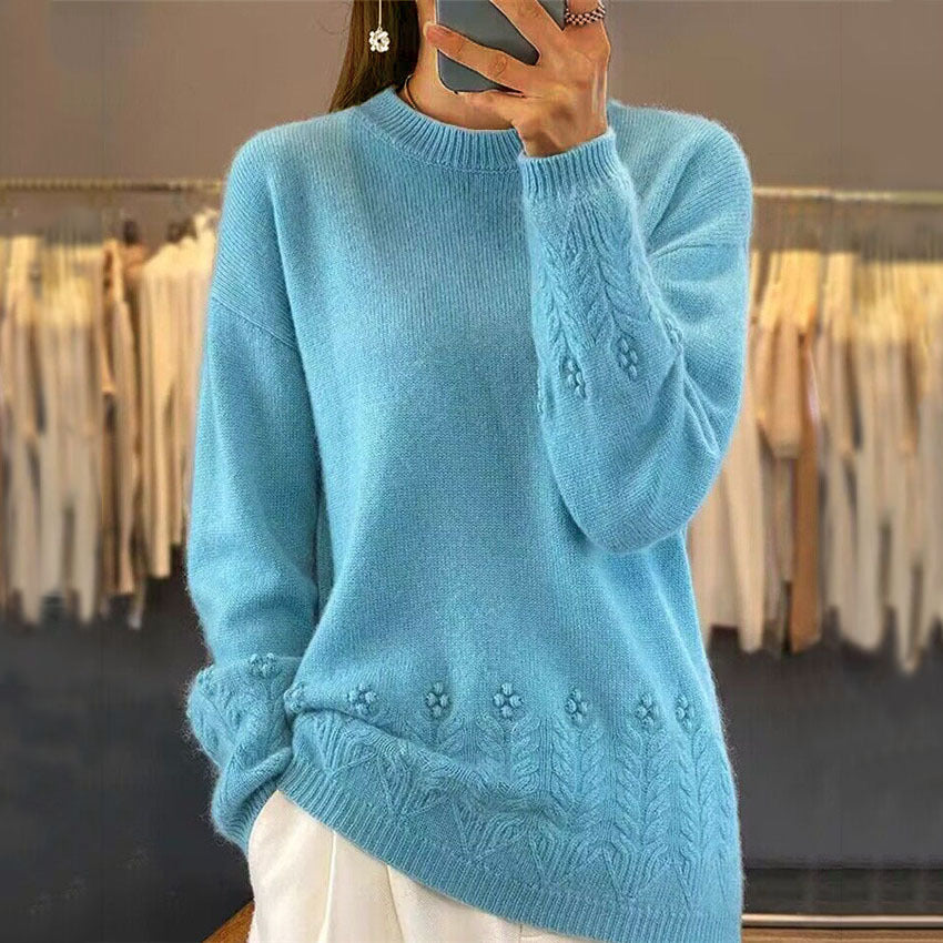 Women's Solid Color Jacquard Long Sleeve Sweater