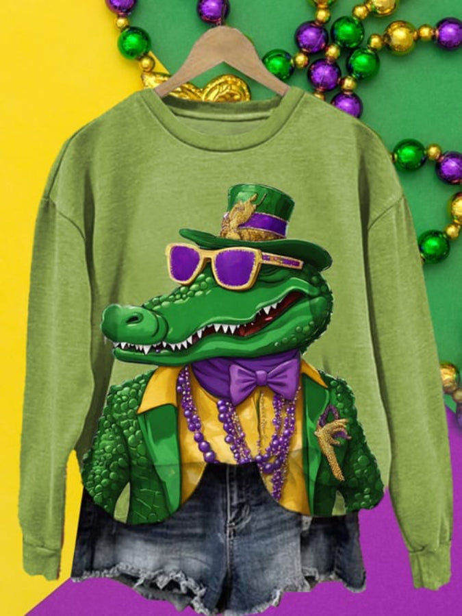 Women's Mardi Gras Gator Printed Round Neck Sweatshirt