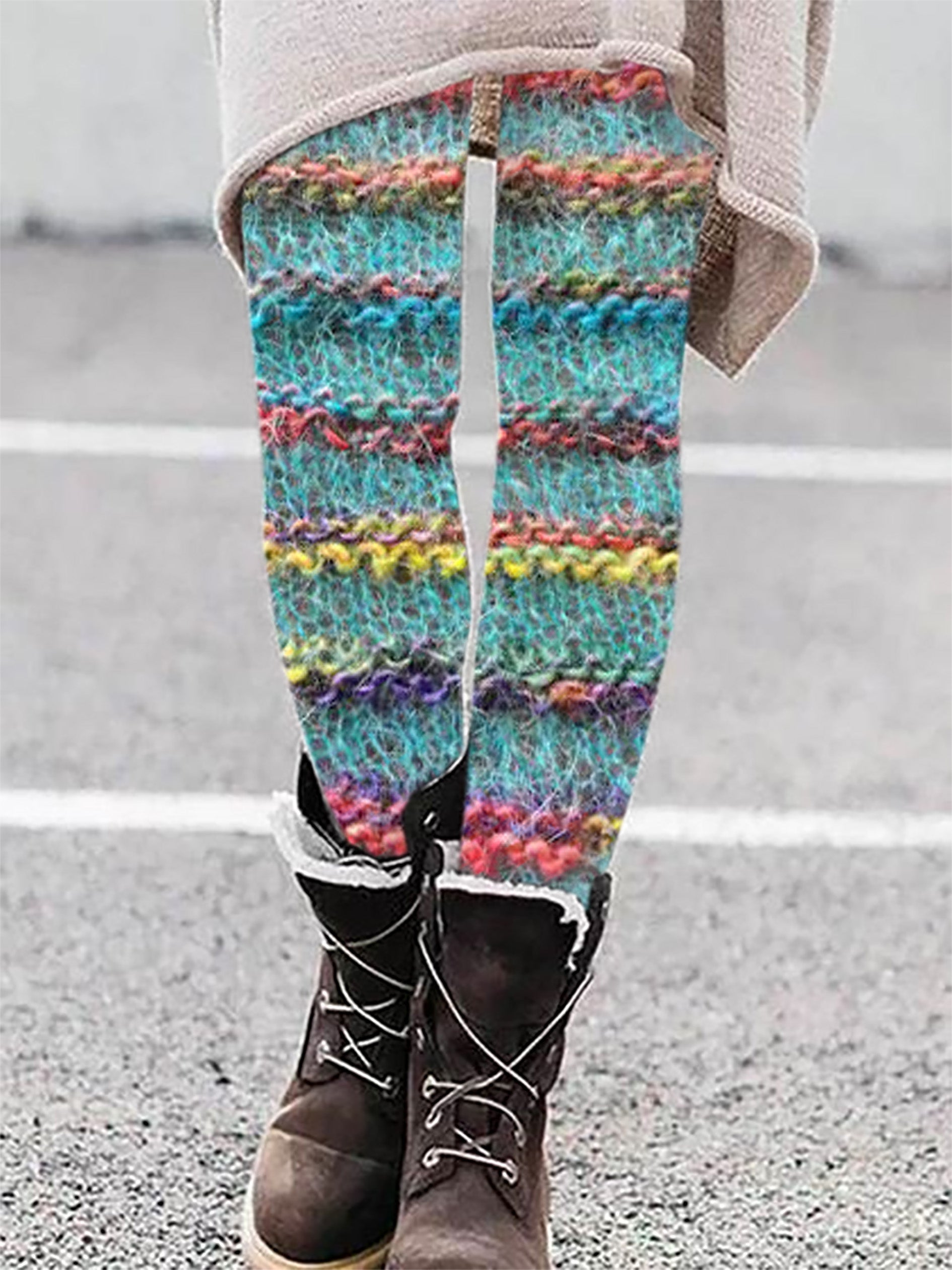 Vintage Colorful Patchwork Cozy Knit Print Leggings