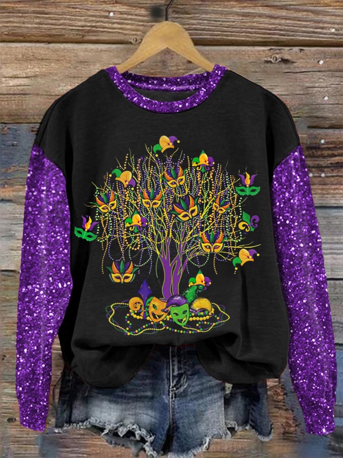 Women's Mardi Gras Tree Beads Print Casual Sweatshirt