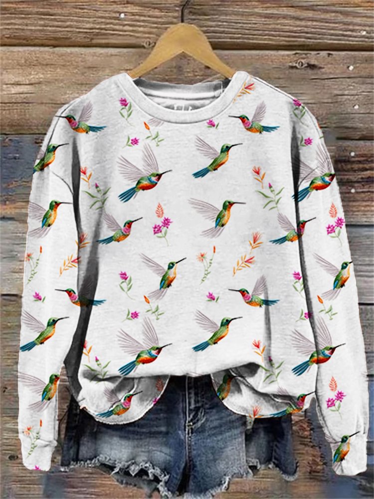 Flower & Bird Print Crew Neck Sweatshirt