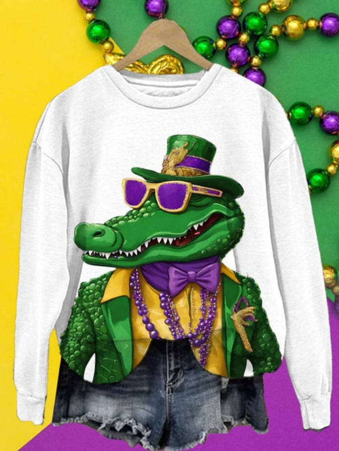 Women's Mardi Gras Gator Printed Round Neck Sweatshirt