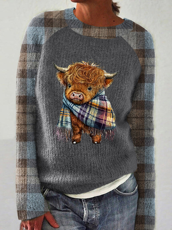 Vintage Highland Cow Plaid Raglan Crew Neck Sweater