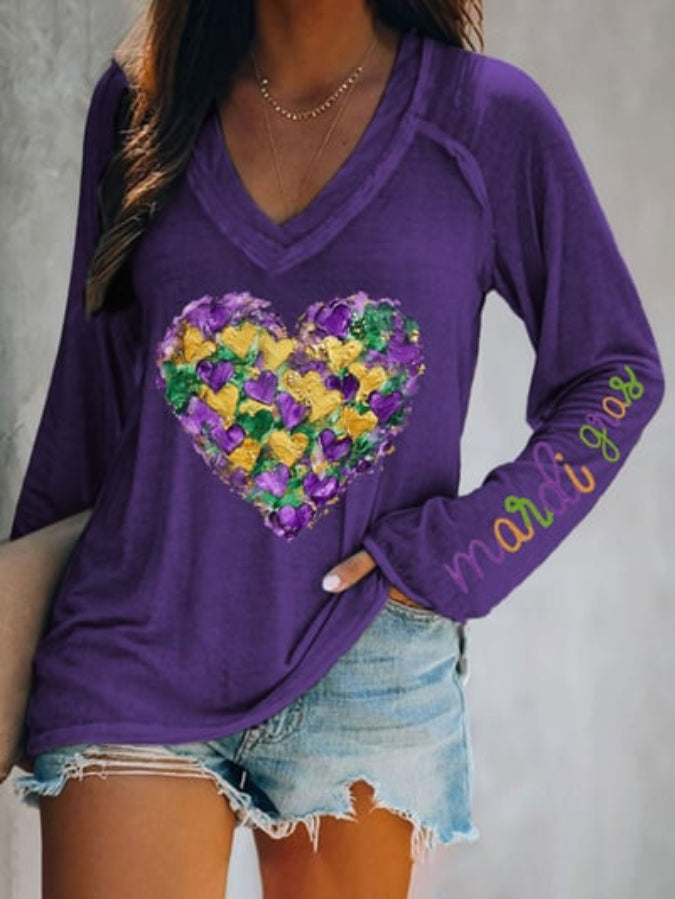 Women's Mardi Gras Heart Print V-Neck T-Shirt