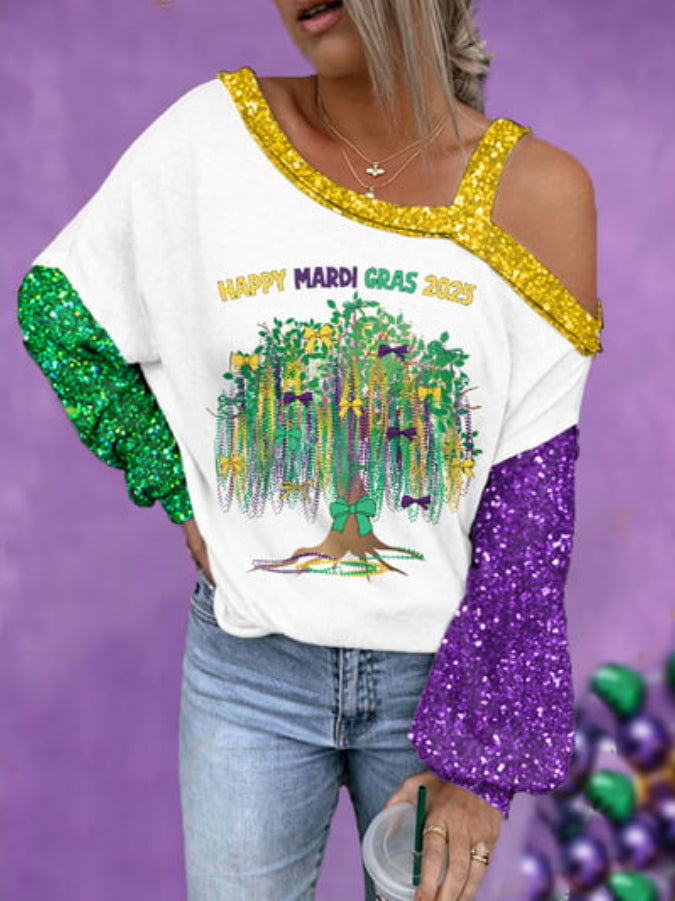 Women's Glitter Mardi Gras Beads Tree Print Off-Shoulder Long-Sleeve Top