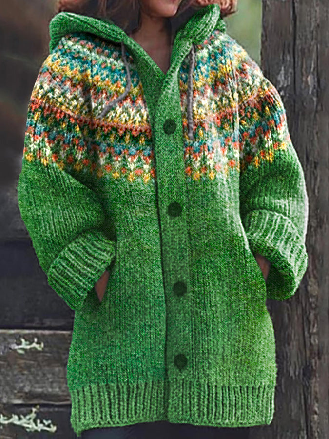 Women's Print Green Hooded Sweater Cardigan