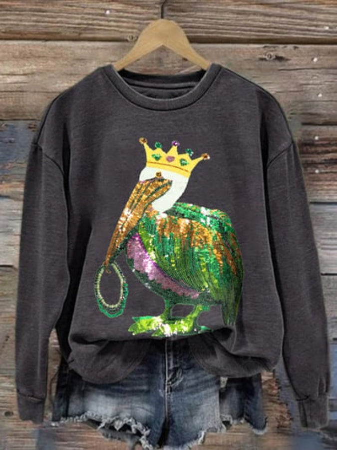 Retro Mardi Gras Pelican Crown And Beads Print Sweatshirt