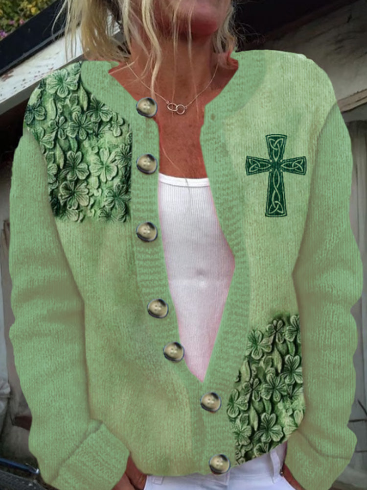 Women's St. Patrick's Day 3D Clover Print Knitted Cardigan