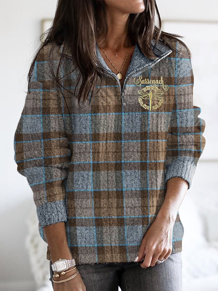 Sassenach Tv Show Dragonfly Embroidered Plaid Zip Up Cozy Sweater