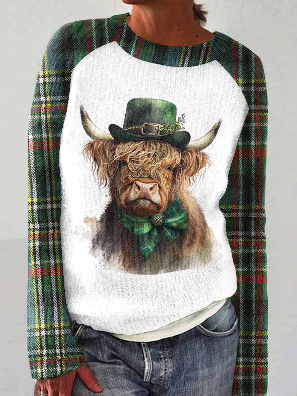 Women's Highland Cow Plaid Art Cozy Sweater