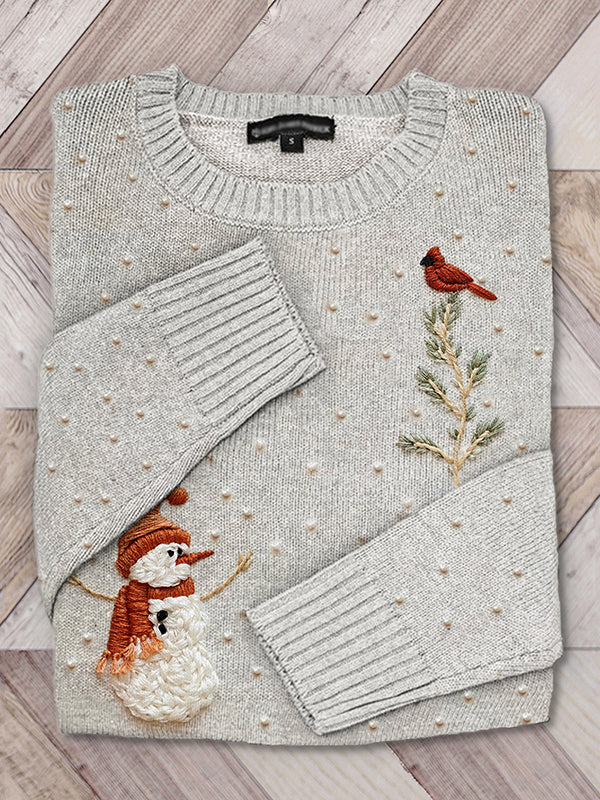 Birds On Berry Branches Glitter Beaded Embroidered Cozy Light Grey Sweater