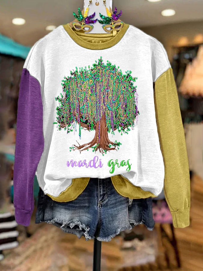 Women's Mardi Gras Beads Tree Print Casual Sweatshirt