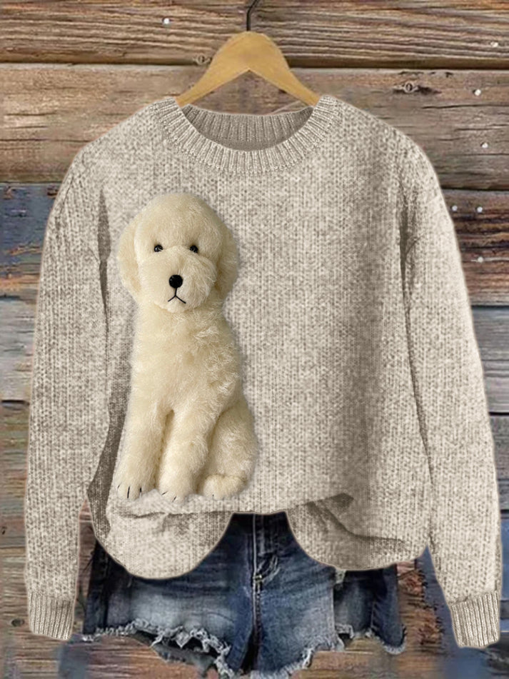 Women's Fuzzy Golden Doodle Dog Felt Cozy Knit Sweater