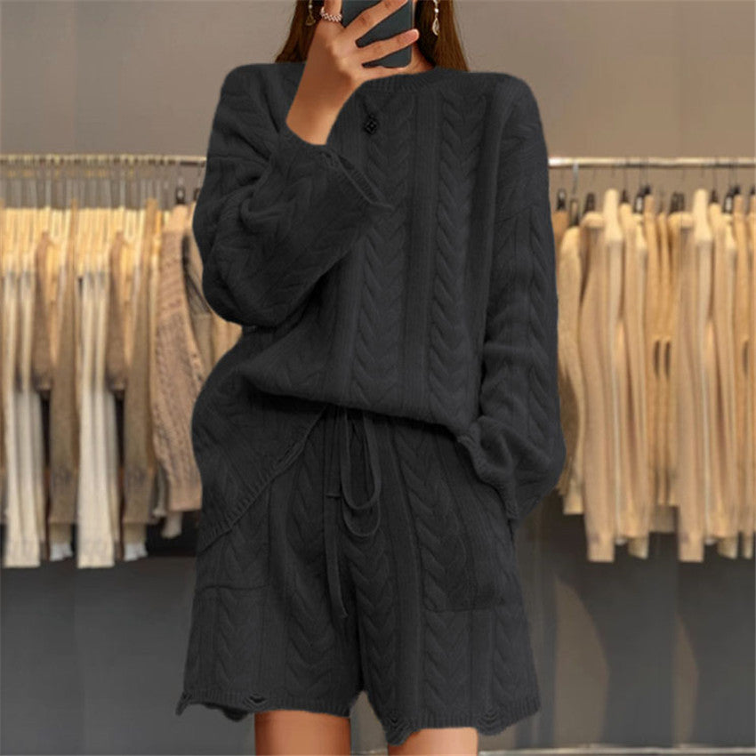 Women's Solid Color Round Neck Sweater Shorts Two-piece Set