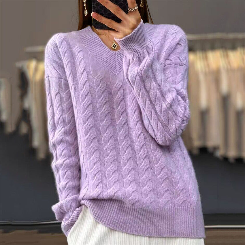 Women's Solid Color Jacquard Long Sleeve Plain Sweater