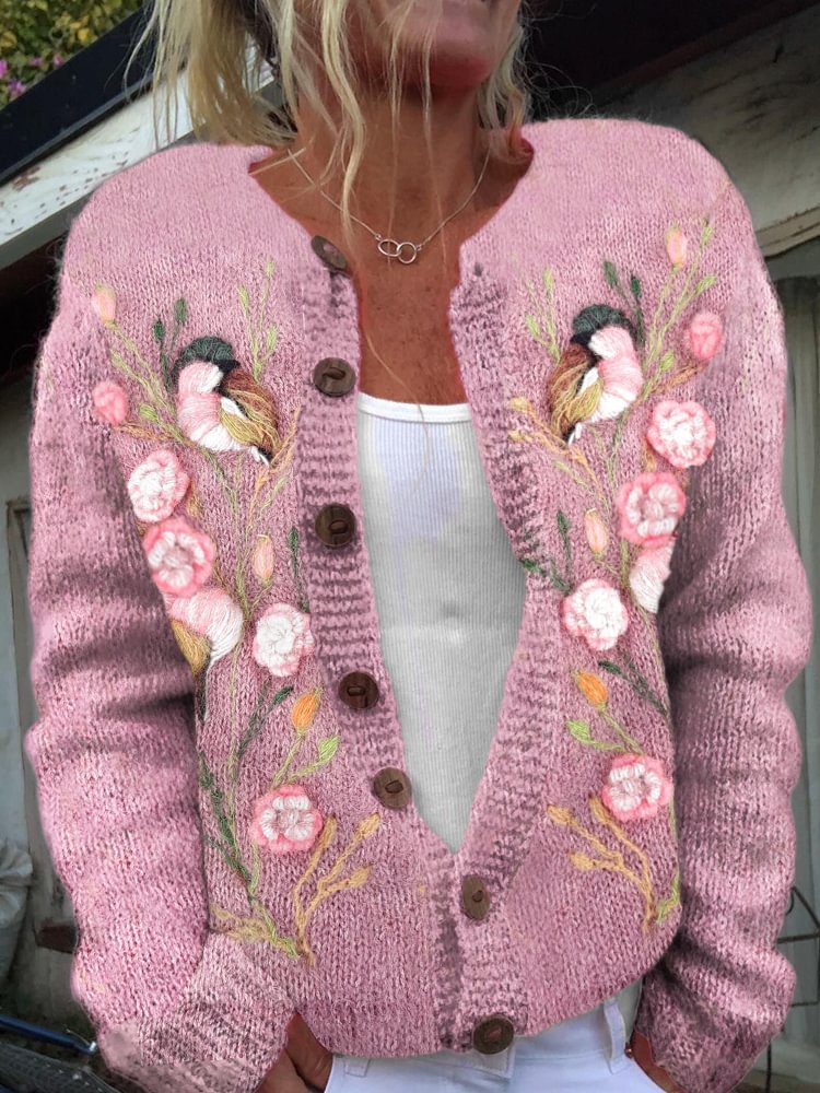 Breast Cancer Awareness Flowers Bird Embroidery Casual Cardigan Sweater