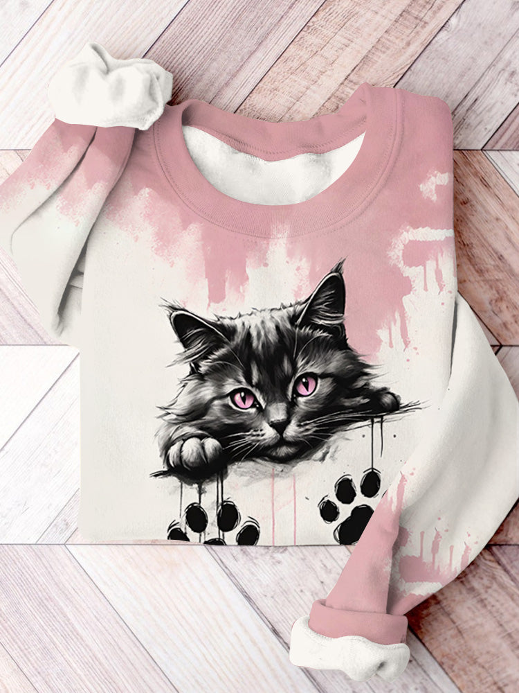 Women's Cat Print Casual Pink Sweatshirt