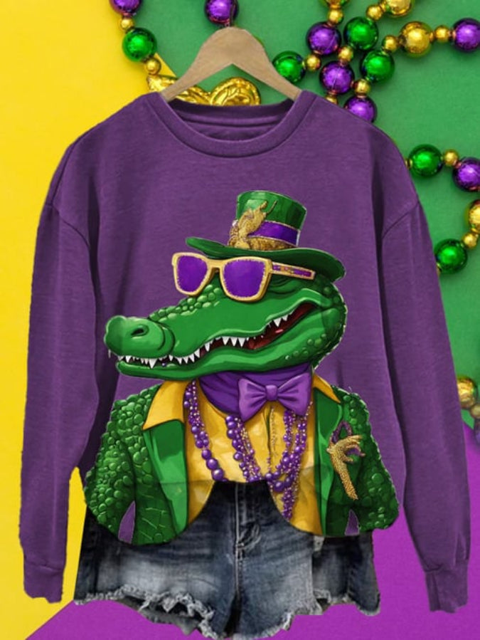 Women's Mardi Gras Gator Printed Round Neck Sweatshirt