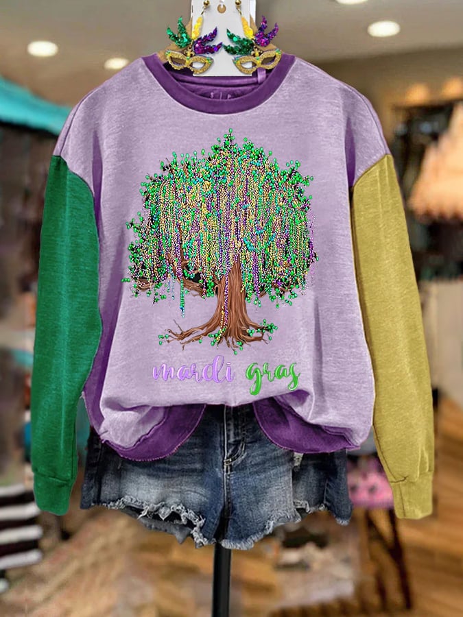 Women's Mardi Gras Beads Tree Print Casual Sweatshirt