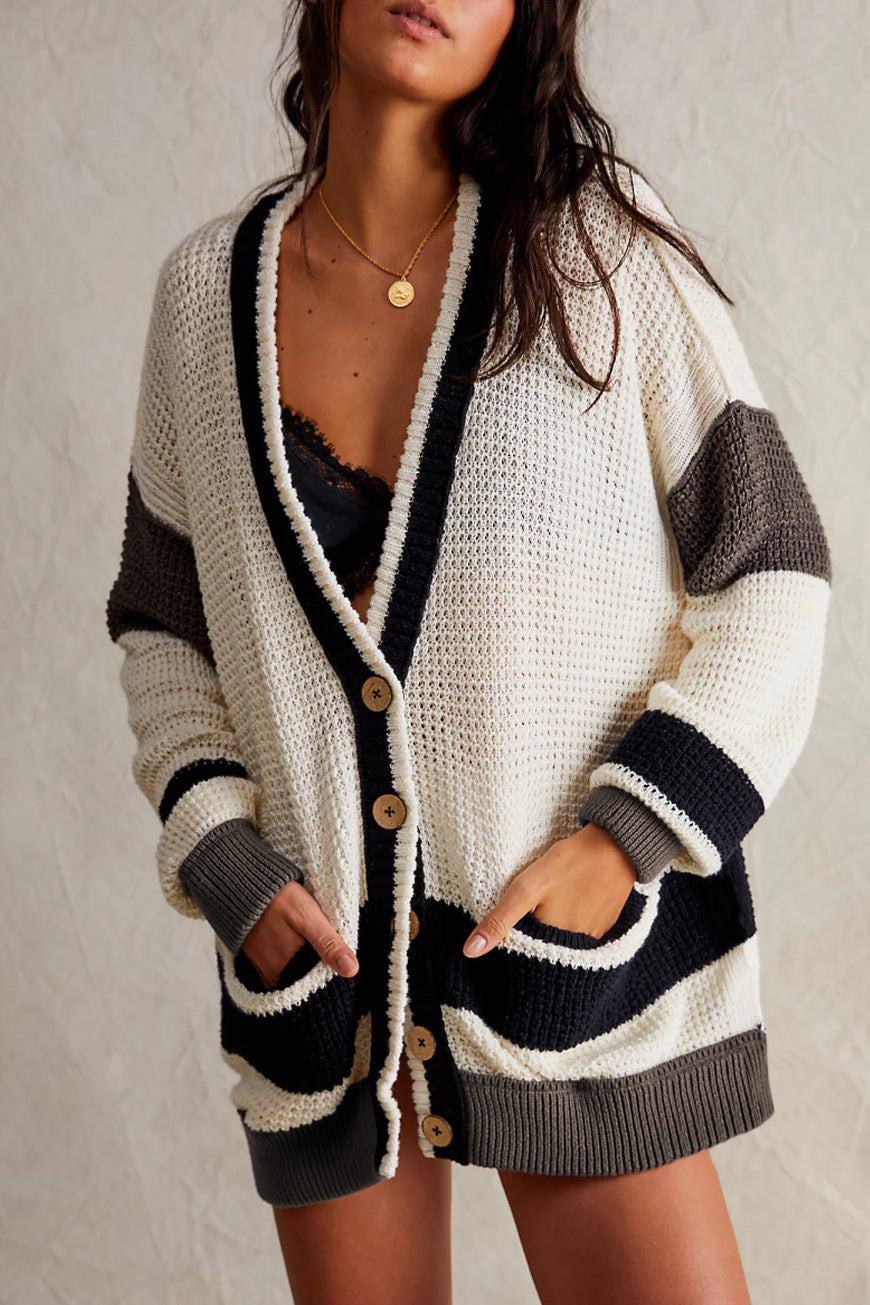 Women's Color block  Long Sleeve Cardigan