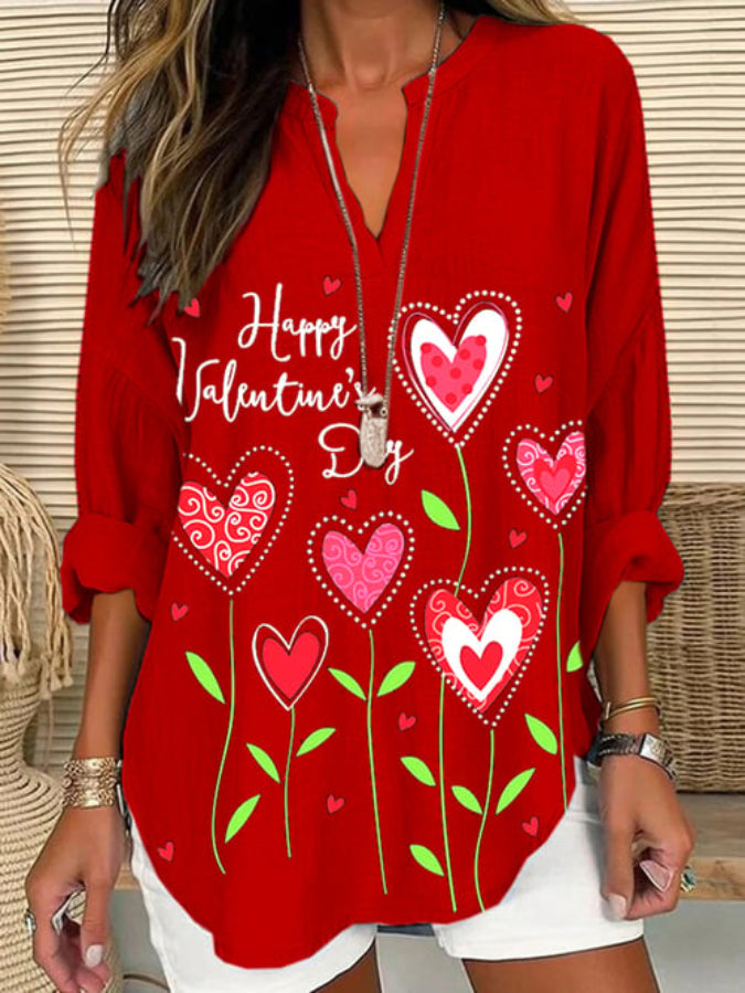 Women's Love Print Casual Long Sleeve V-Neck Shirt